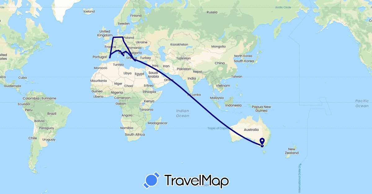 TravelMap itinerary: driving in Australia, Czech Republic, Germany, Spain, France, Greece, Croatia, Italy, Monaco, Netherlands (Europe, Oceania)