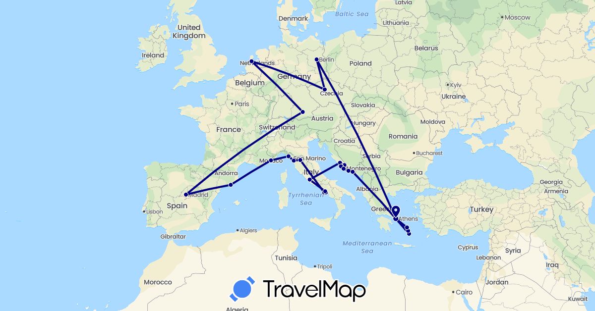 TravelMap itinerary: driving in Czech Republic, Germany, Spain, Greece, Croatia, Italy, Monaco, Netherlands, Vatican City (Europe)